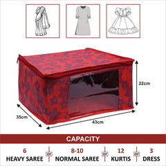 Homestic Set of 6 Foldable Non Woven saree covers with Zip|Saree & Clothes Organiser for wardrobe |Transparent Window With Premium Zipper|Suitable for Lehenga, Suit, Dress (Red)