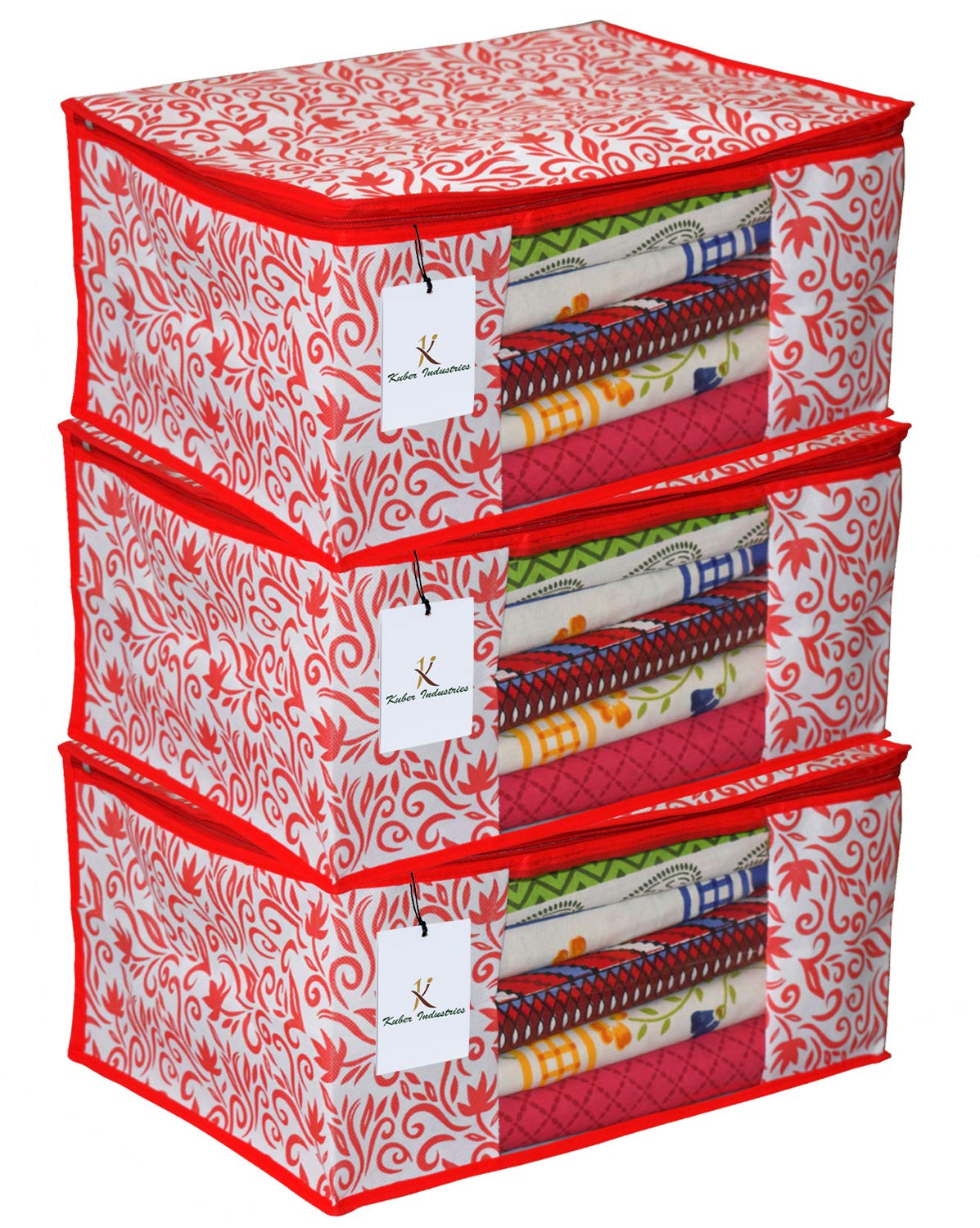 Kuber Industries Floral Design 3 Piece Non Woven Saree Cover, Extra Large, Red (CTKTC2543)