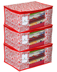 Kuber Industries Floral Design 3 Piece Non Woven Saree Cover, Extra Large, Red (CTKTC2543)