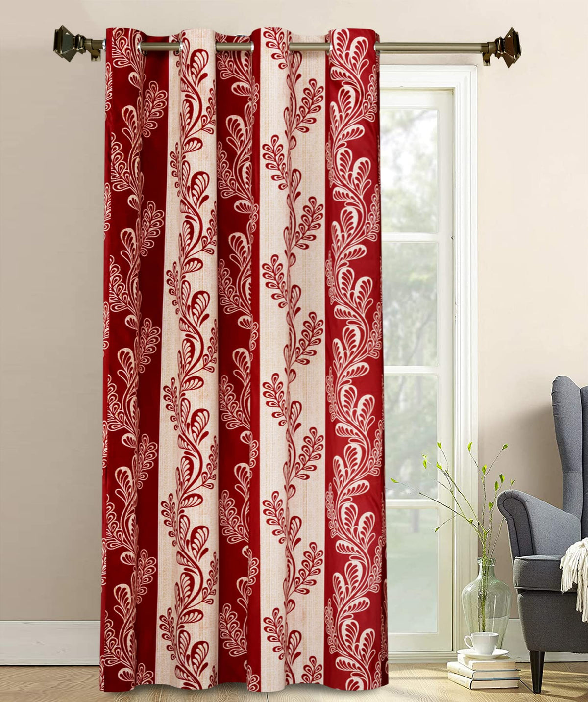 Kuber Industries Leaf Printed 7 Feet Door Curtain for Living Room, Bed Room, Kids Room with 8 Eyelet (Maroon)-HS43KUBMART25593, Standard