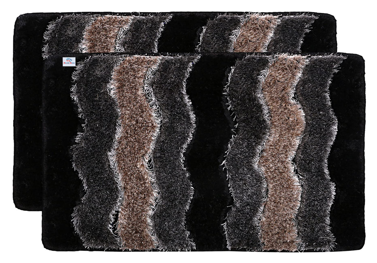 Heart Home Wave Design Velvet Doormat, Pack of 2 (Black & Grey)