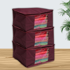 Homestic Set of 3 Foldable Non Woven saree covers with Zip|Saree & Clothes Organiser for wardrobe |Transparent Window With Premium Zipper|Suitable for Lehenga, Suit, Dress (Maroon)
