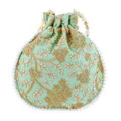Heart Home Embroidery Drawstring Potli|Hand Purse With Gold Pearl Border & Handle For Woman,Girls (Green)