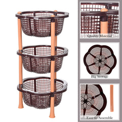 Heart Home Storage Basket | Plastic 3 Layer Kitchen Storage Basket | Storage Rack for Kitchen | Multi-Layer Vegetable Rack | Desire Floor-Standing Rack | Brown