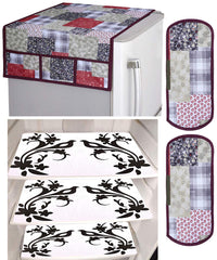 Kuber Industries Birds Design 3 Pieces PVC Fridge Mats,2 Piece Handle Cover and 3D Checkered Design 1 Piece Fridge Top Cover (Maroon) - CTKTC039845