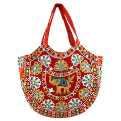 Kuber Industries Multiuses Velvet Floral Design Hand Bag/Tote Bag For Daily Trips, Travel, Office (Red) 52KM3990