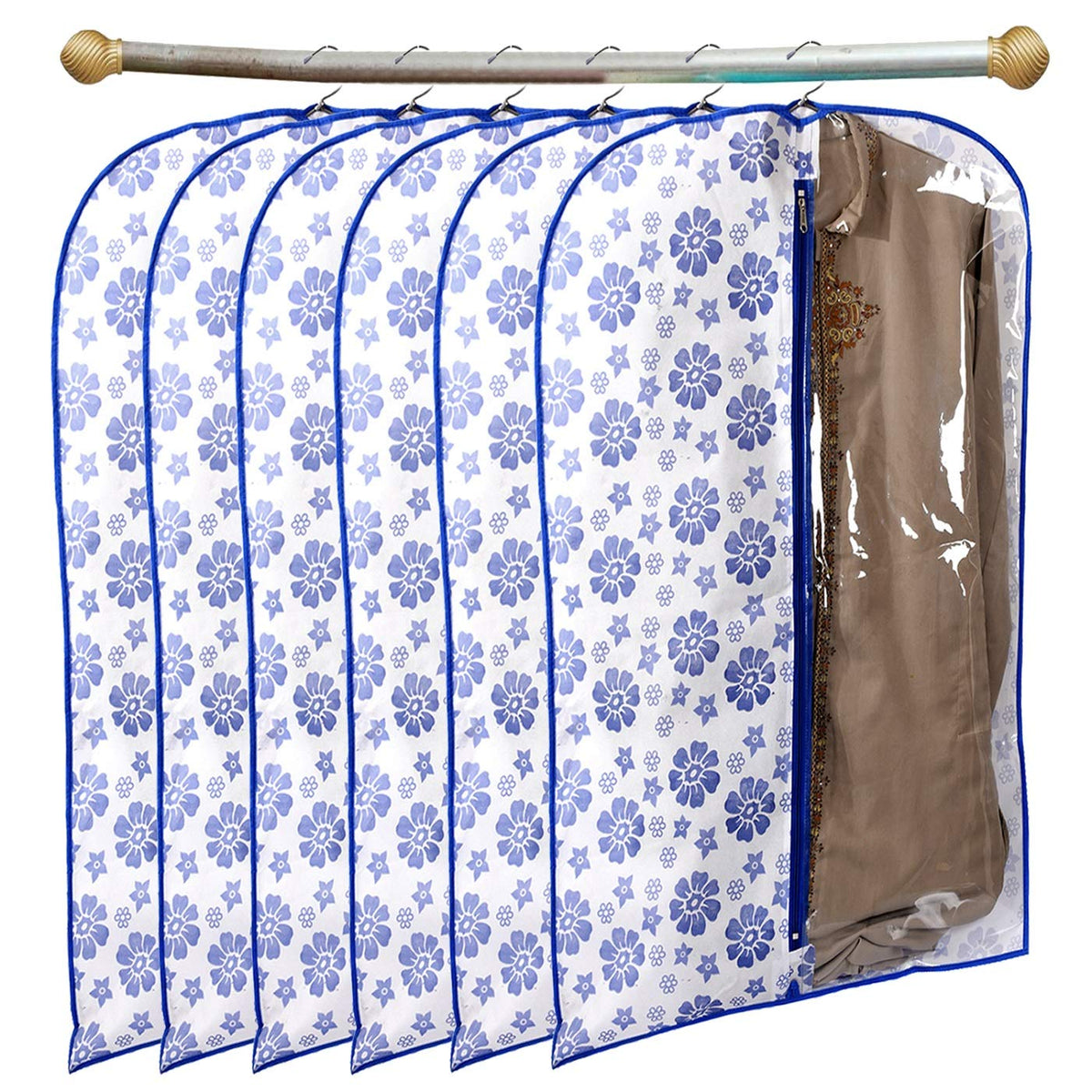 Kuber Industries Flower Printed 6 Pieces Half Transparent Non Woven Men's Coat Blazer Cover (Blue) -CTMTC39462