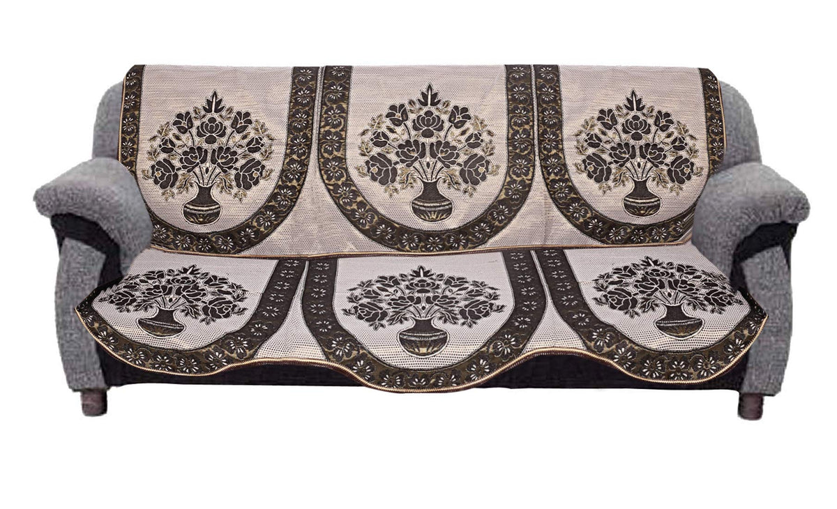 Kuber Industries Flower Pot Design Cotton 6 Pieces 5 Seater Sofa Cover (Coffee)-CTKTC14434