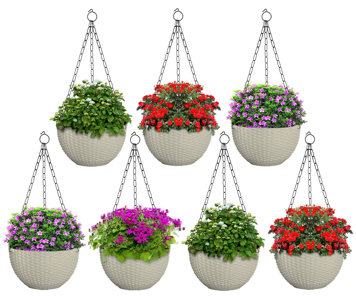 Heat Home Plastic Hanging Flower Pot for Balcony & Railing Set (White, Set of 7)