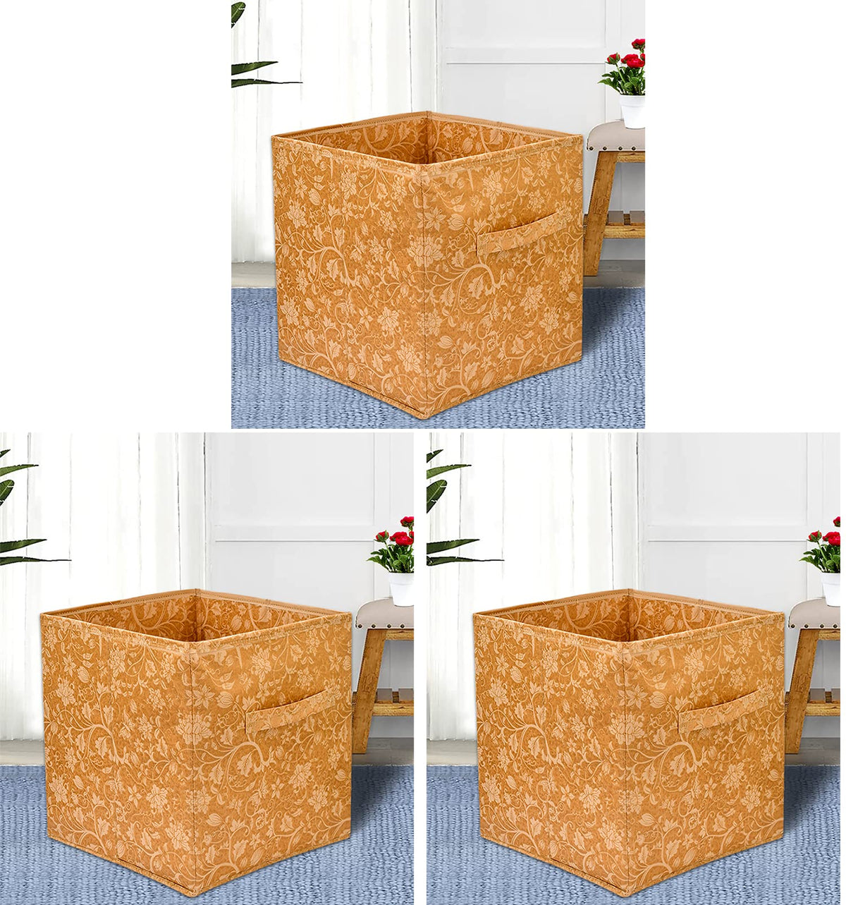 Heart Home Metalic Printed Multi-Utility Organizer, Storage box, Closet For Clothes, Toys With Handle- Pack of 3 (Brown)-HS43HEARTH26209