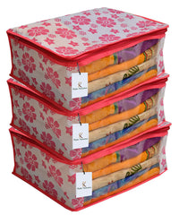Kuber Industriestm Non Woven Saree Cover Pink Floral Design Set Of 3 Pcs