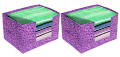 Heart Home Flower Printed Multiuses Non-Woven Closet Organizer, Storage Bin, Shelf Storage Oragnizer With Handle- Pack of 2 (Purple)-HS43HEARTH26383