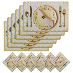 Heart Home Multiuses Plate & Spoon Print PVC Table Placemat with 6 Coasters for Kitchen, Dining Table Set of 6 (Golden) 52HH4053
