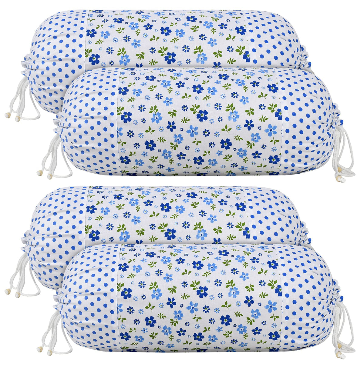 Kuber Industries Flower Printed Cotton Bolster Cover- Set of 4, 16"x32" (Blue & White)-44KM0149