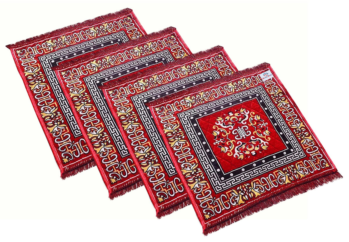 Heart Home Rangoli Design Velvet Square Pooja Mat- Pack of 4 (Maroon)