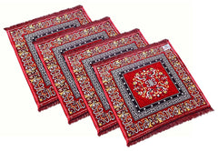 Heart Home Rangoli Design Velvet Square Pooja Mat- Pack of 4 (Maroon)