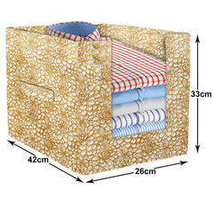 Heart Home Non-Woven Flower Print Foldable Shirt Stacker/Wardrobe Organizer For Shirts, Sarees, Lehengas With Handle Pack of 3 (Beige)