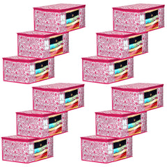 Kuber Industries Leaf Design 12 Piece Non Woven Fabric Saree Cover Set with Transparent Window, Extra Large, Pink-CTKTC31915