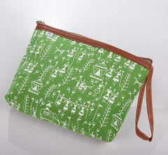 Heart Home Toiletry Pouch|Warli Print Travel Cosmetic Pouch|Canvas Waterproof Makeup Pouch with Handle (Green)