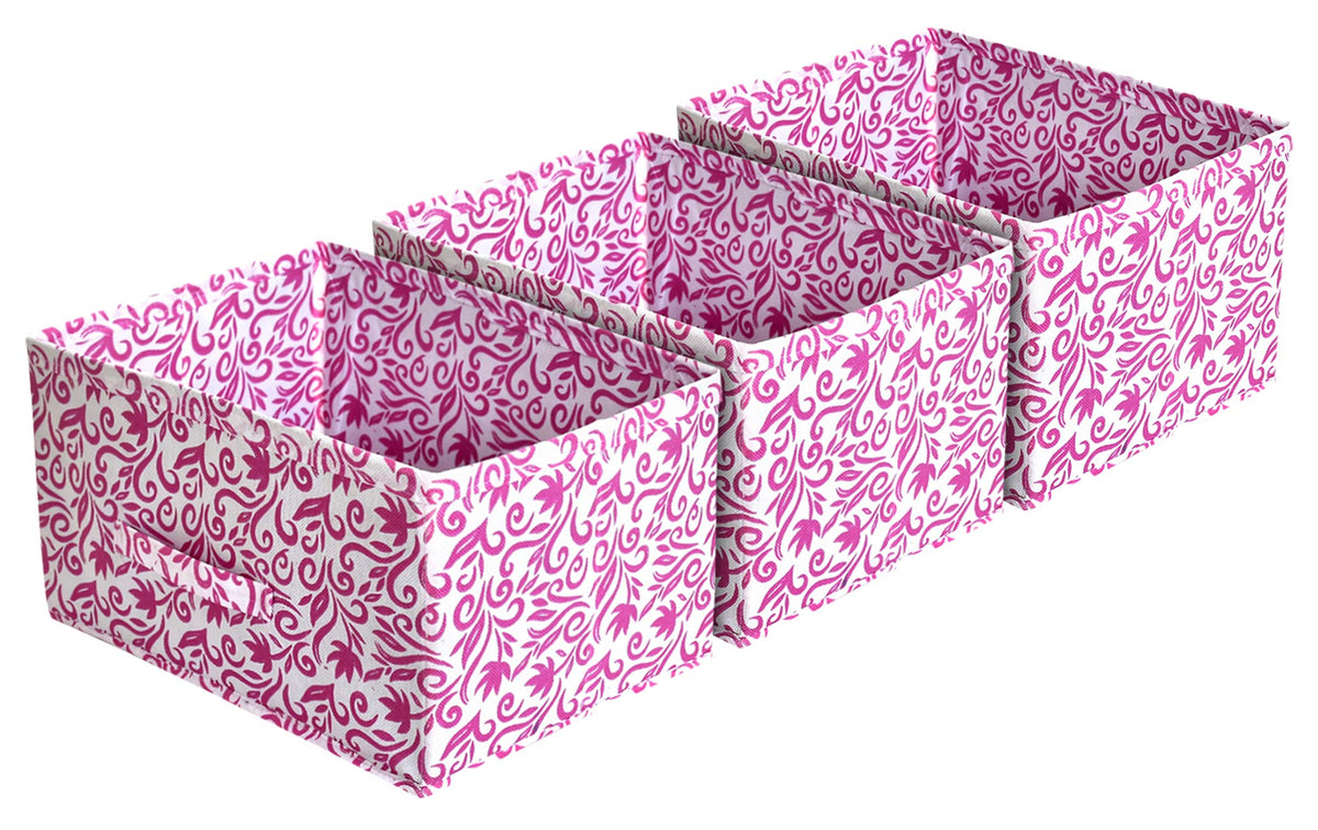 Kuber Industries Leaf Print Non Woven Fabric Modular Closet Organizer Box with Handle for Cube Storage Units in Closet,Set Of 3(Pink)-KUBMART16009
