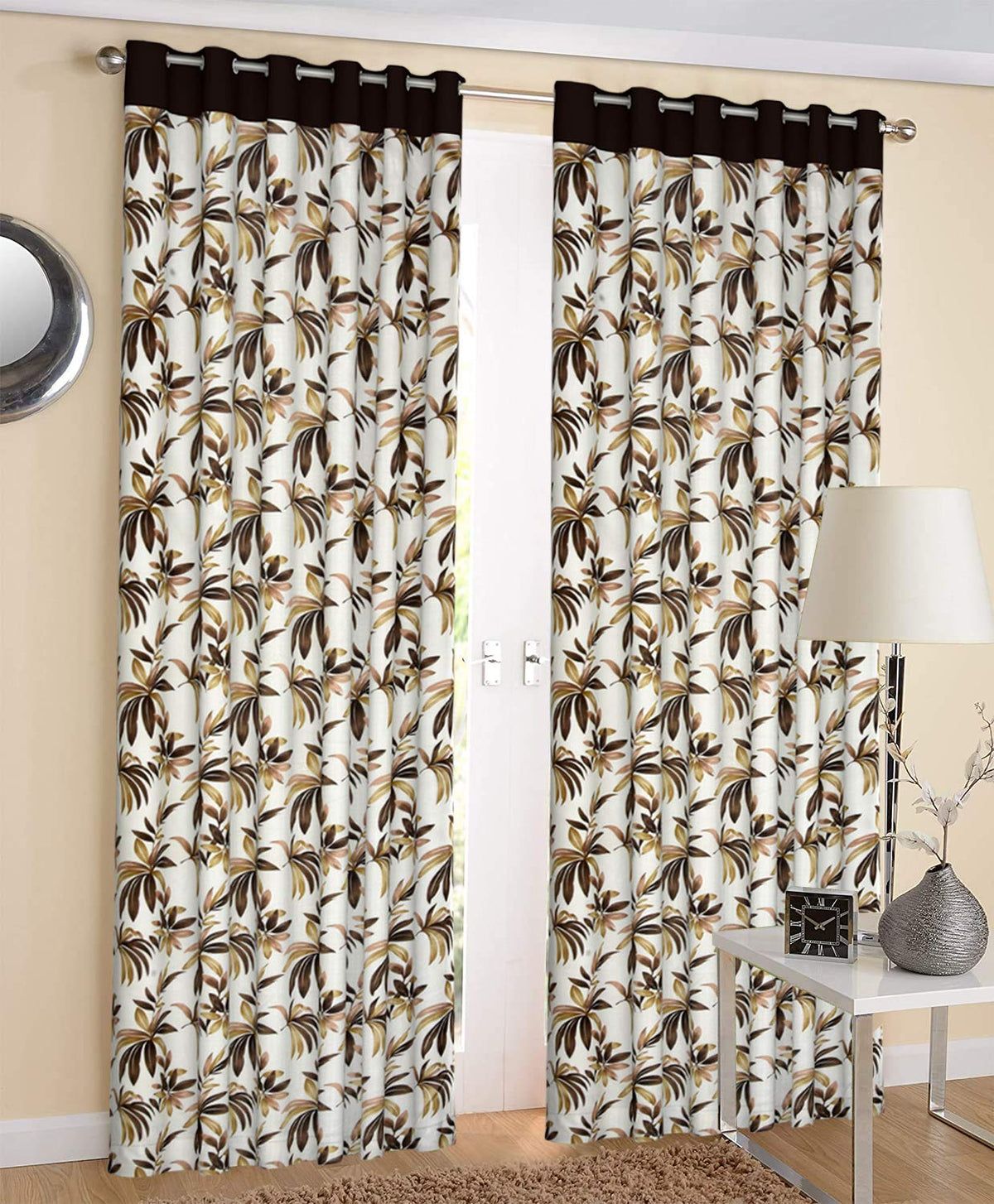 Kuber Industries Leaf Print 2 Pieces Room Darkening Door Curtain, 7 Feet (Brown)