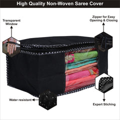 Homestic Set of 3 Foldable Non Woven saree covers with Zip|Saree & Clothes Organiser for wardrobe |Transparent Window With Premium Zipper|Suitable for Lehenga, Suit, Dress (Black)