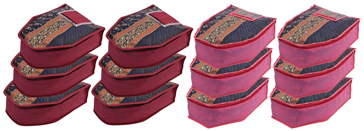 Kuber Industries 12 Piece Non Woven Blouse Cover with Front Transparent Window with Attached Pocket Set (Maroon & Pink)