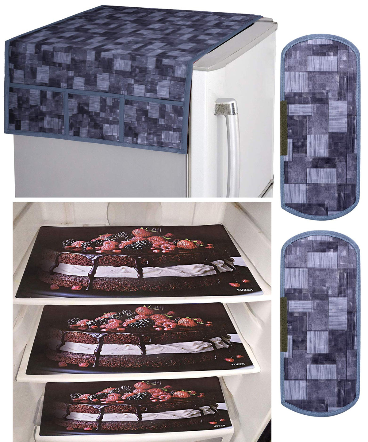 Kuber Industries Cake Design 3 Pieces PVC Fridge Mats,2 Piece Handle Cover and 3D Checkered Design 1 Piece Fridge Top Cover (Grey) - CTKTC039799
