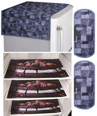 Kuber Industries Cake Design 3 Pieces PVC Fridge Mats,2 Piece Handle Cover and 3D Checkered Design 1 Piece Fridge Top Cover (Grey) - CTKTC039799