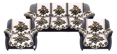 Heart Home Flower Design Cotton 5 Seater Sofa Cover with 6 Pieces Arms Cover (Cream, Brown, Standard) Set of16 HEART11981