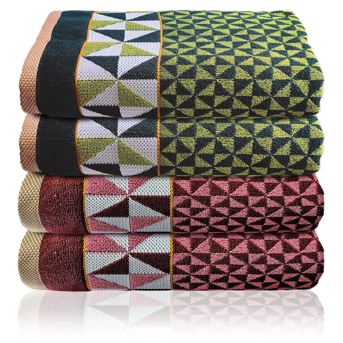 Heart Home Multiuses Tringle Printed Soft Cotton Bath Towel, 30"x60"- Pack of 4 (Green & Maroon)