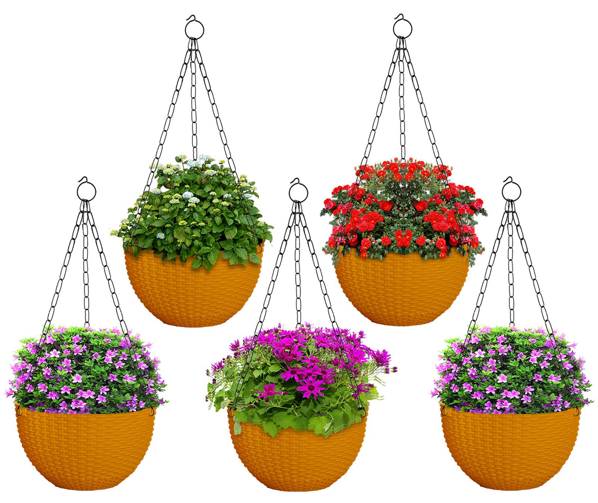 Heat Home Plastic Hanging Flower Pot for Balcony & Railing Set (Yellow, Set of 5)