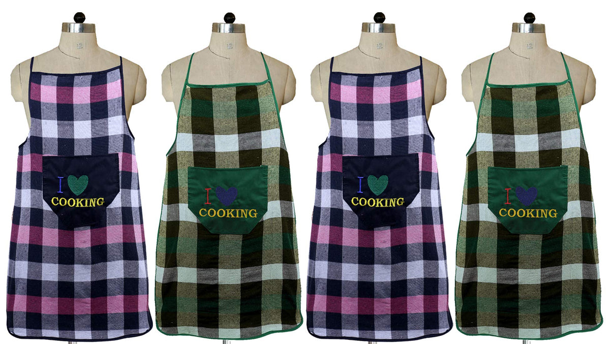 Kuber Industries Checkered Design Cotton 4 Pieces Waterproof Kitchen Apron with Front Pocket (Green & Black) - CTKTC40410