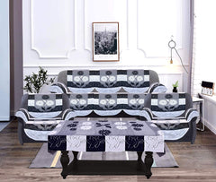 Kuber Industries Flower Design Cotton 5 Seater Sofa Cover Set with 6 Pieces Arms Cover and 1 Center Table Cover (Set of 17, Black, Standard)