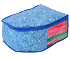 Kuber Industries Lahariya Design Non-woven Foldable 3 Saree & 3 Blouse Cover/Clothes Storage Bag/Wardrobe Organizer Set With Transparent Window- Pack of 6 (Blue)-44KM0577
