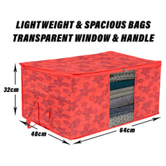 Heart Home Underbed Storage Bag | Clothes Storage Organizer | Blanket Cover with Clear Window | Zipper Closure & Handle Cloth Organizer | New Flower-Design | Large | Pack of 6 | Red