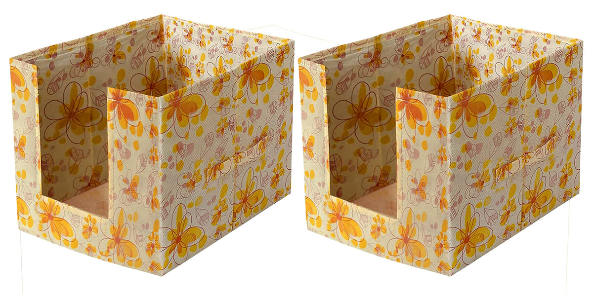 Heart Home Flower Printed Multiuses Non-Woven Closet Organizer With Handles- Pack of 2 (Yellow) -HS43HEARTH26479
