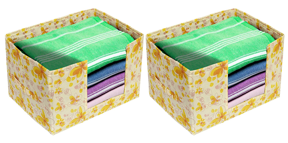 Heart Home Flower Printed Multiuses Non-Woven Closet Organizer, Storage Bin, Shelf Storage Oragnizer With Handle- Pack of 2 (Yellow)-HS43HEARTH26391