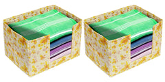 Heart Home Flower Printed Multiuses Non-Woven Closet Organizer, Storage Bin, Shelf Storage Oragnizer With Handle- Pack of 2 (Yellow)-HS43HEARTH26391