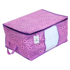Kuber Industries Metallic Flower Design Non Woven Rectangular Underbed Storage|Storage Organiser|Blanket Cover (Pink and Purple)