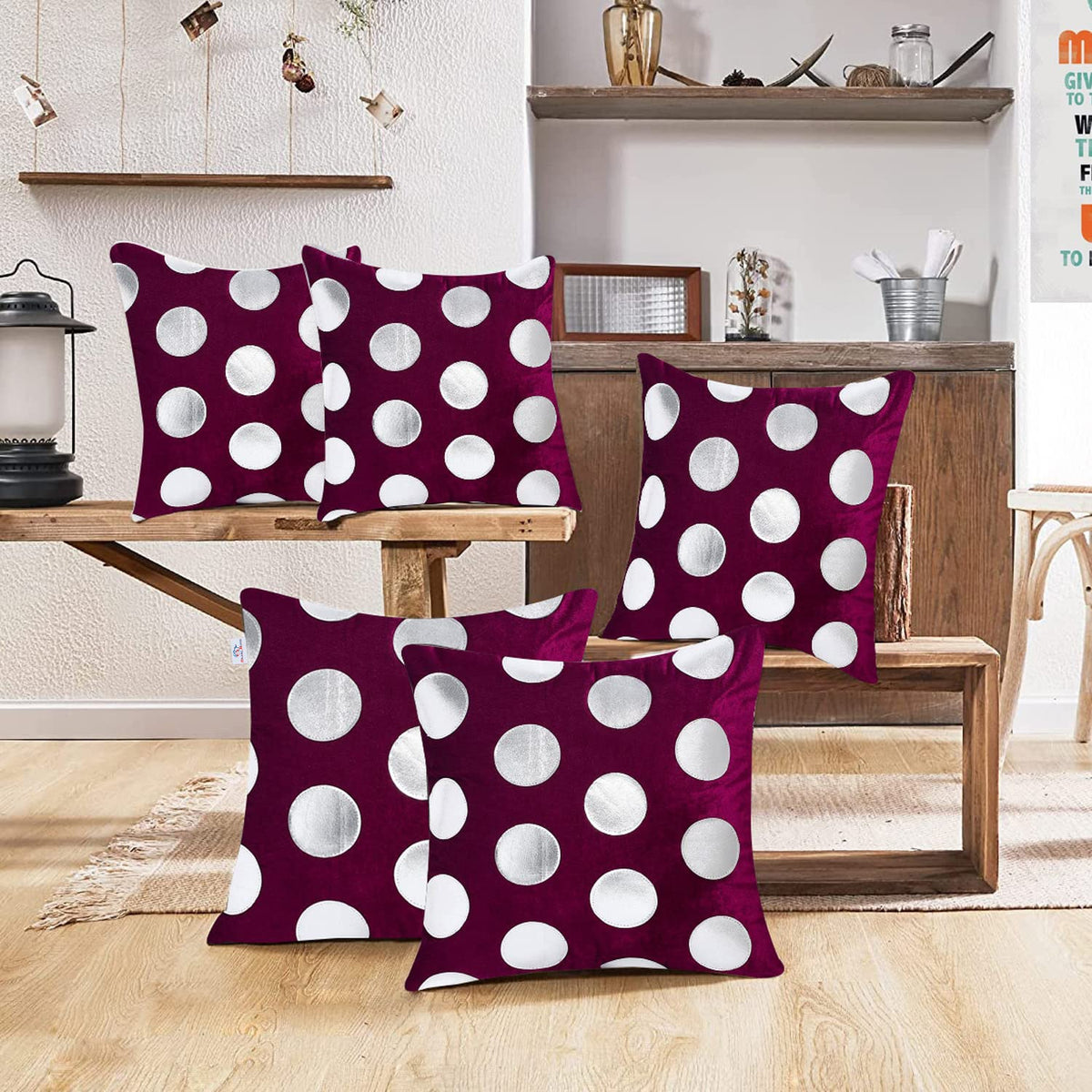 Heart Home Cushion Cover|Sofa Cushion Covers|Circle Print Sitting Cushion Cover|Velvet Cushion Filler|16x16 Inch|Set of 5 (Purple)