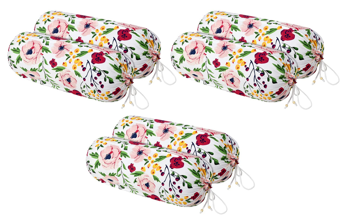 Kuber Industries Flower Printed Soft & Luxurious Decorative Cotton Bolster Cover- Set of 6, 16"x32" (White & Pink)-44KM0134