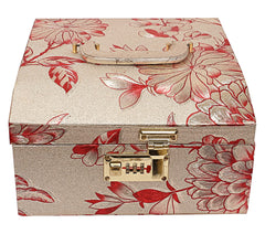 Kuber Industries Circle Design Wooden Jewellery Box/Organizer For Storing Makeup, Jewellery, Bangles, Cosmetics & Toiletries Items With 2 Bangle Rod, Mirror & Number Lock System (Gold)-47KM0541