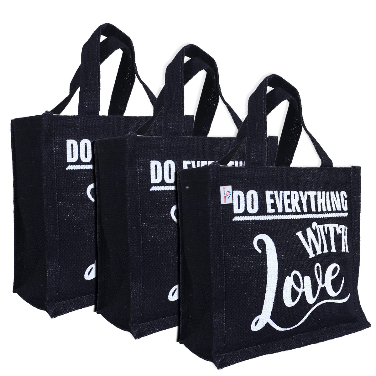 Heart Home Lunch Bag|Reusable Jute Fabric Tote Bag|Do Everything with Love Print Tiffin Carry Hand Bag with Handle for Office,School,Gift,Pack of 3 (Black)