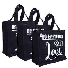 Heart Home Lunch Bag|Reusable Jute Fabric Tote Bag|Do Everything with Love Print Tiffin Carry Hand Bag with Handle for Office,School,Gift,Pack of 3 (Black)