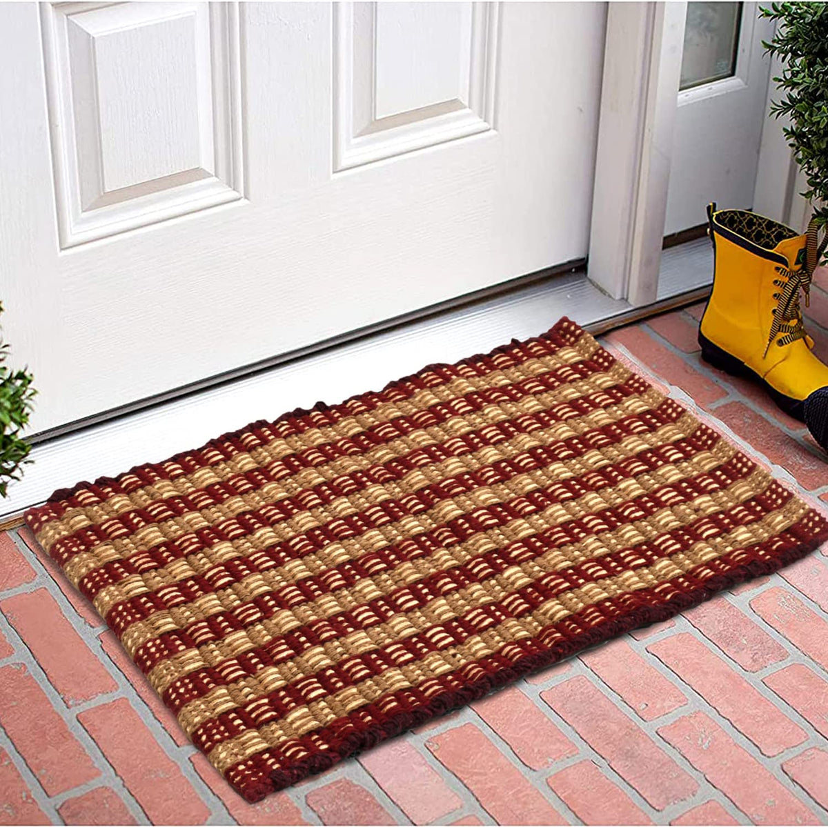 Heart Home Strips Design Multiuses Washable Cotton Door Mat, Bathmat, 23"x14" (Maroon)-50HH01099
