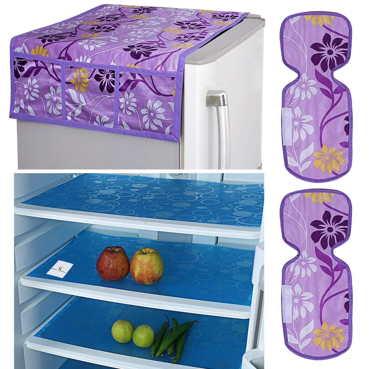 Kuber Industries Flower Design Combo PVC 3 Pieces Fridge Mats, 2 Piece Handle Cover and 1 Piece Fridge Top Cover(Purple)