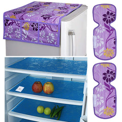 Kuber Industries Flower Design Combo PVC 3 Pieces Fridge Mats, 2 Piece Handle Cover and 1 Piece Fridge Top Cover(Purple)