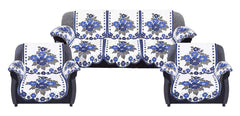Kuber Industries Flower Design Cotton 5 Seater Sofa Cover with 6 Pieces Arms Cover and 1 Center Table Cover Use Both Side (Set of 17, White & Blue, Standard)
