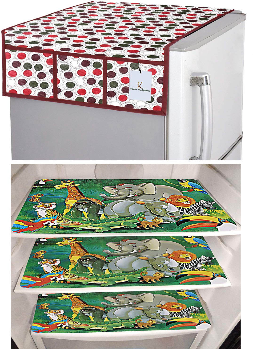 Kuber Industries Circle Design 3 Pieces PVC Fridge Mats and 1 Piece Fridge Top Cover (Maroon & Cream) CTKTC33672